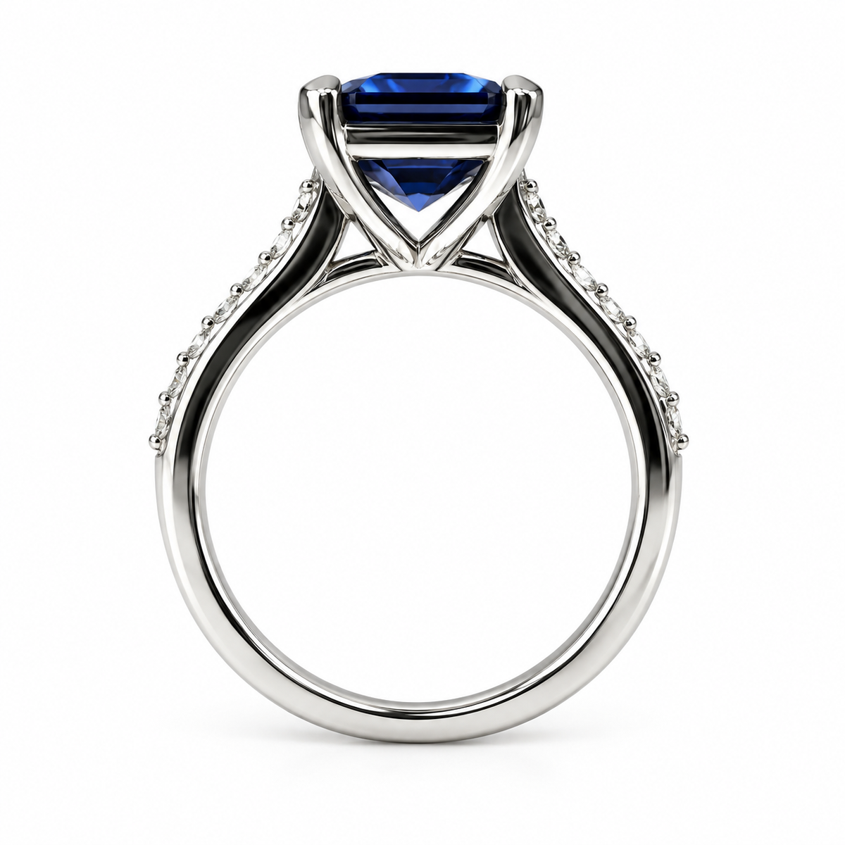 Emerald Cut Blue Sapphire Engagement Ring 14K White Gold,  September Birthstone Ring For Ladies,  Blue Sapphire and Moissanite Ring,   #6373