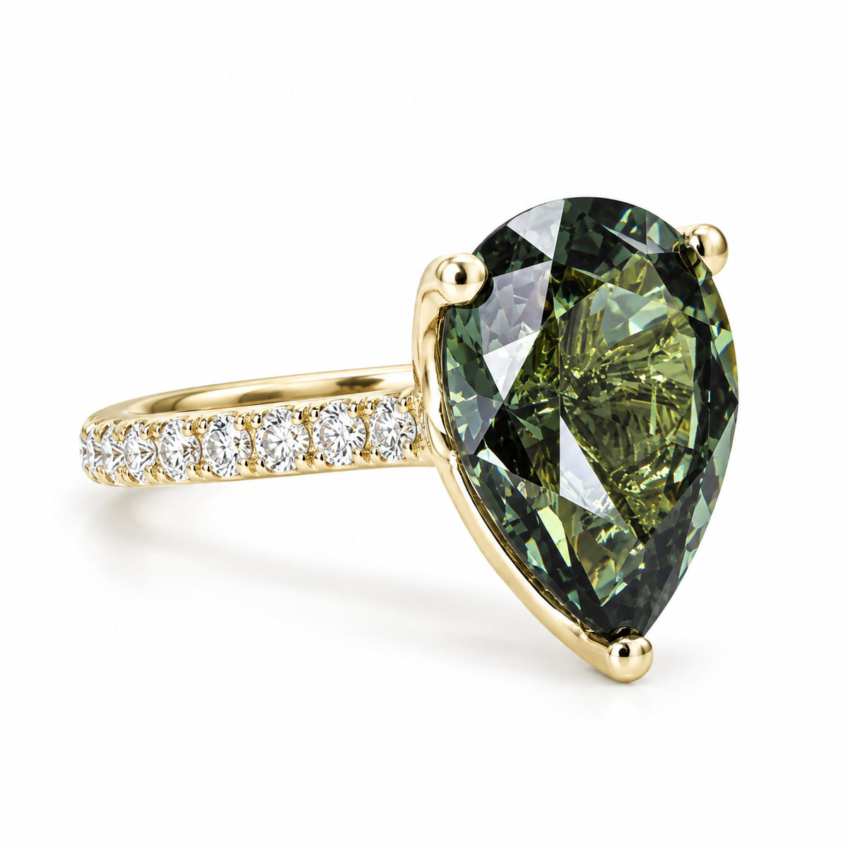 Pear shape olive green sapphire engagement ring 14k white or yellow gold, Unique olive green sapphire wedding anniversary promise ring #7548