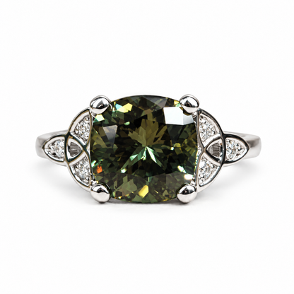 Green Sapphire Engagement Ring 14K Olive Green Cushion Cut Sapphire Celtic Engagement Ring Moissanite Celtic Gold Wedding Promise Ring #7300