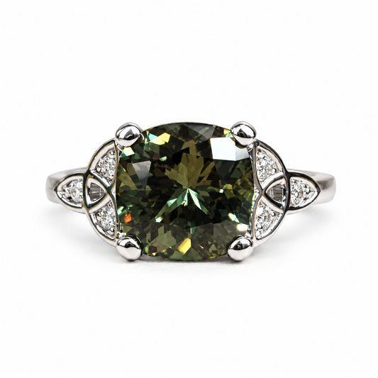 Green Sapphire Engagement Ring 14K Olive Green Cushion Cut Sapphire Celtic Engagement Ring Moissanite Celtic Gold Wedding Promise Ring #7300