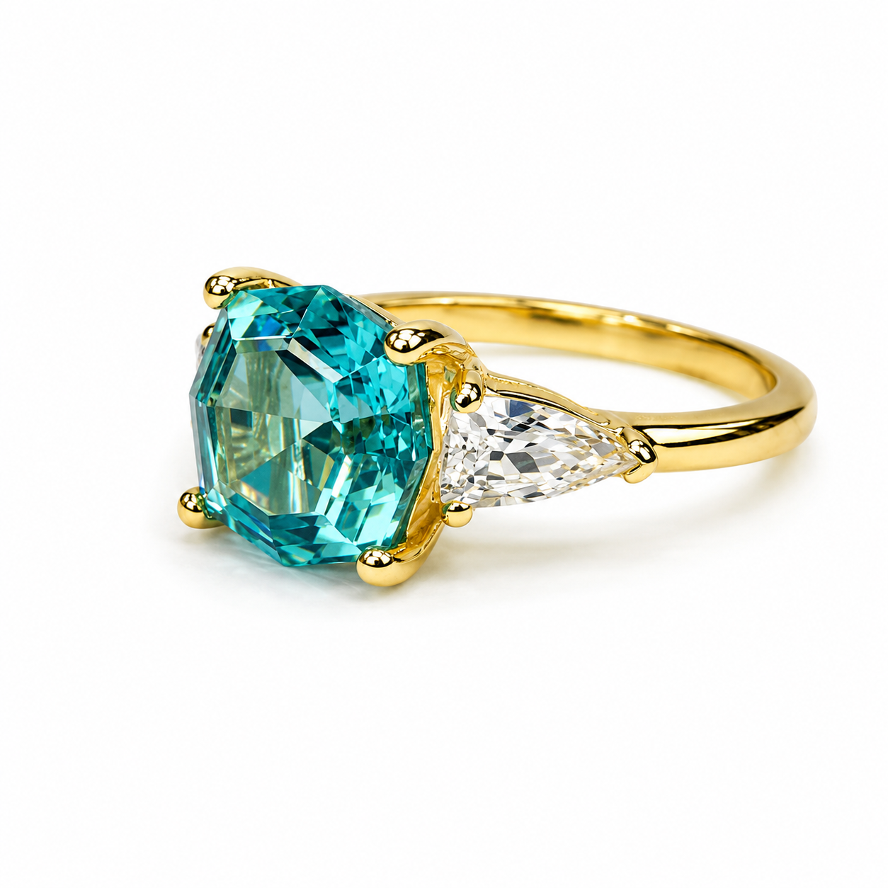 Octagon Neon Blue Paraiba Ring, Web Cut Engagement Ring, Sapphire Bullet Shape Ring, 14k Yellow Gold, #6258