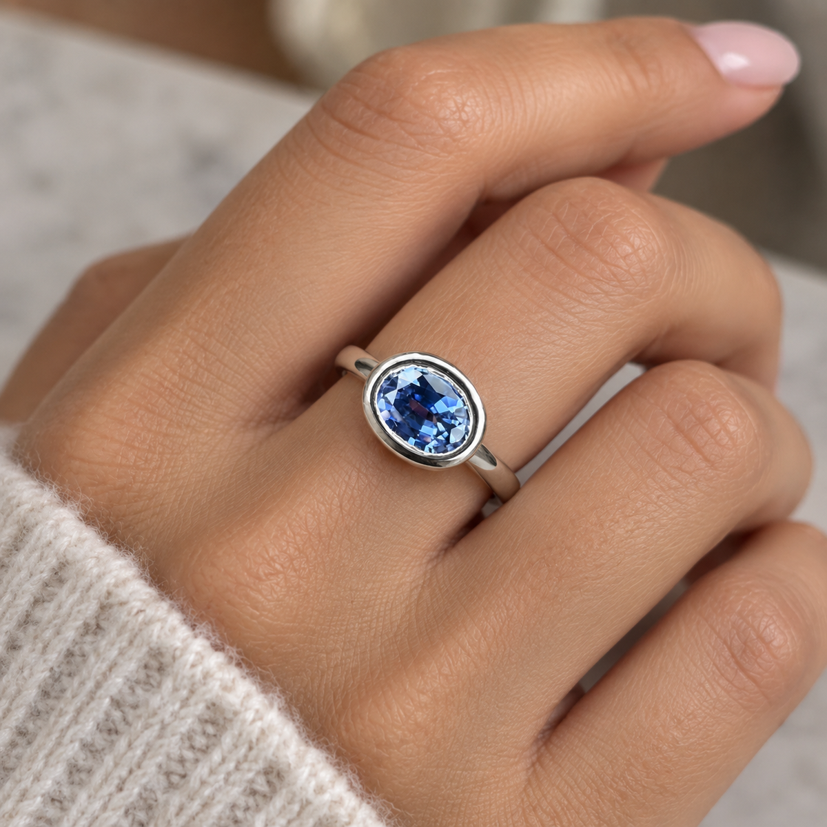 Oval cut blue sapphire bezel set ring 14K white gold, east west oval sapphire stacking ring Unique bezel set blue sapphire ladies ring #7790