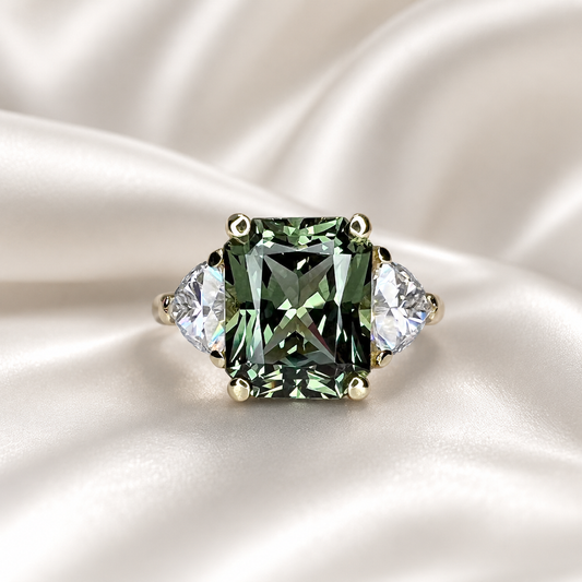 Olive Green Sapphire Ring - Radiant Cut Three Stone Engagement Ring 14k Solid Gold