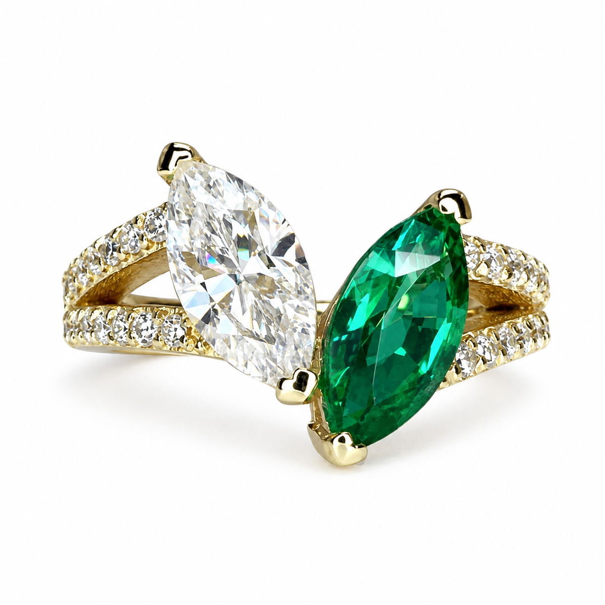 Toi et Moi Ring, Two Stone Engagement Ring Birthstone Ring Emerald Marquis and Moissanite Unique Engagement Ring Anniversary Ring  Love Ring