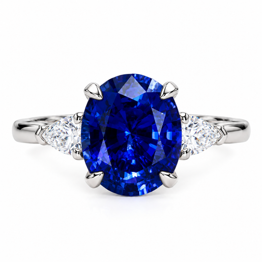 Oval Blue Sapphire Engagement Ring,  Blue Sapphire And Moissanite Wedding Ring, 14k Gold Three Stone Sapphire And Moissanite Ring     #6515