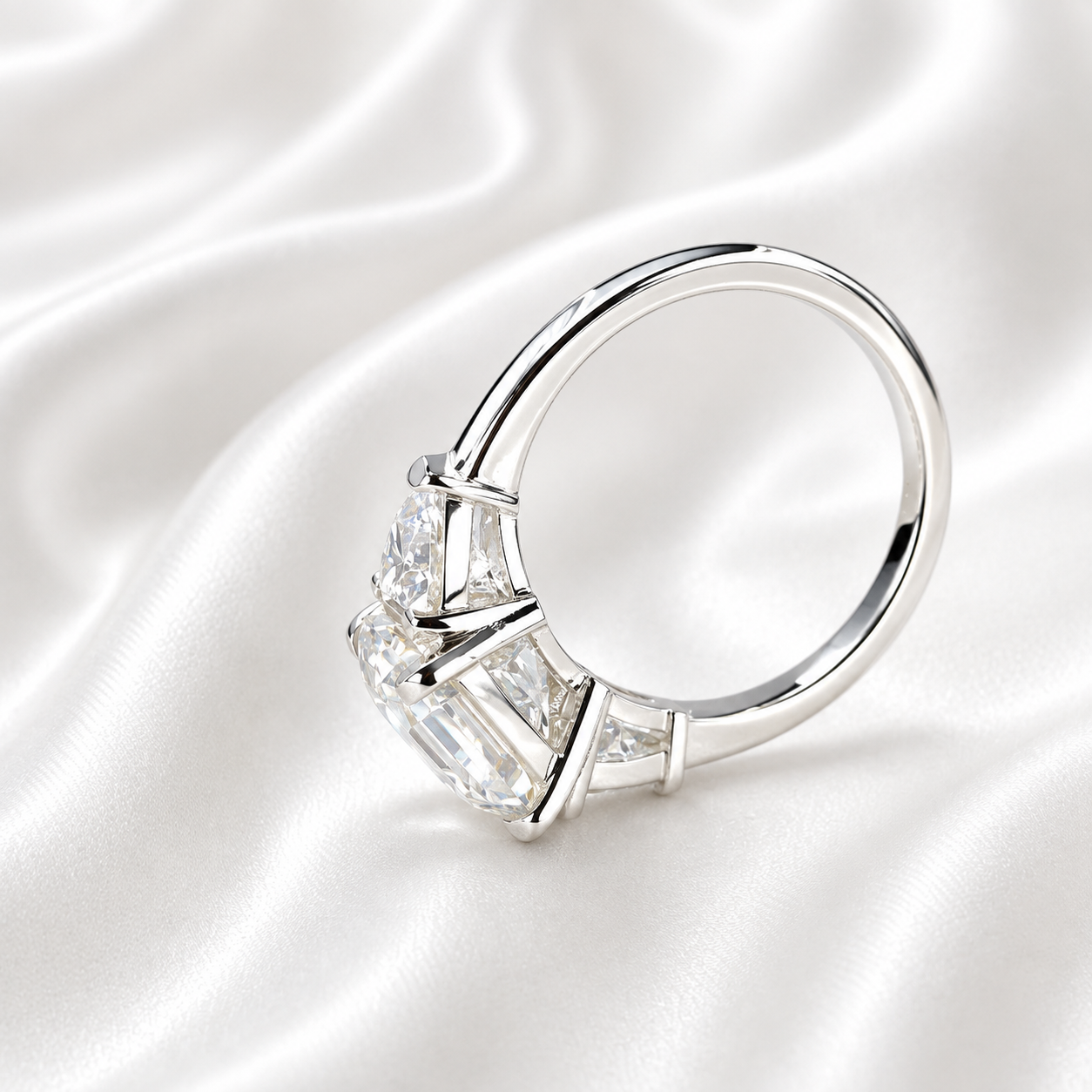 Asscher Cut Engagement Ring / Moissanite Wedding Ring / Asscher and Trillion Ring / 14k White Gold