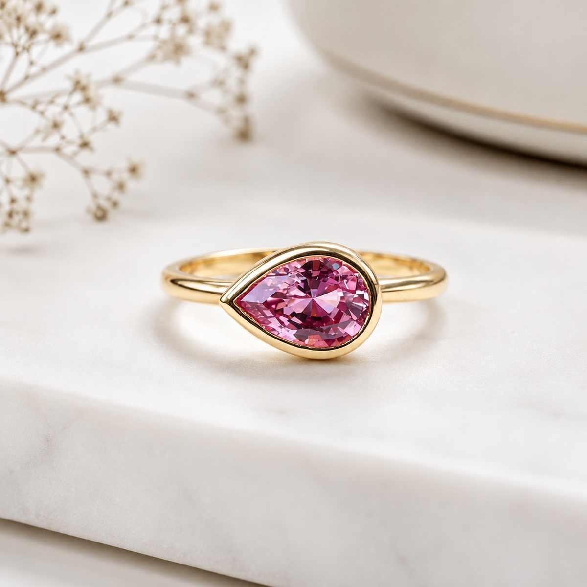 Bezel Set Pear Shape Emerald, Ruby, Pink Sapphire, Birthstone Ring 14K Solid Gold , Pear Shape Solitire Sideways Ring #8834