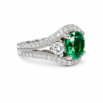 Round Emerald Engagement Ring 14K Solid Gold , Three Stone Emerald and Lab Diamond Ring #8643