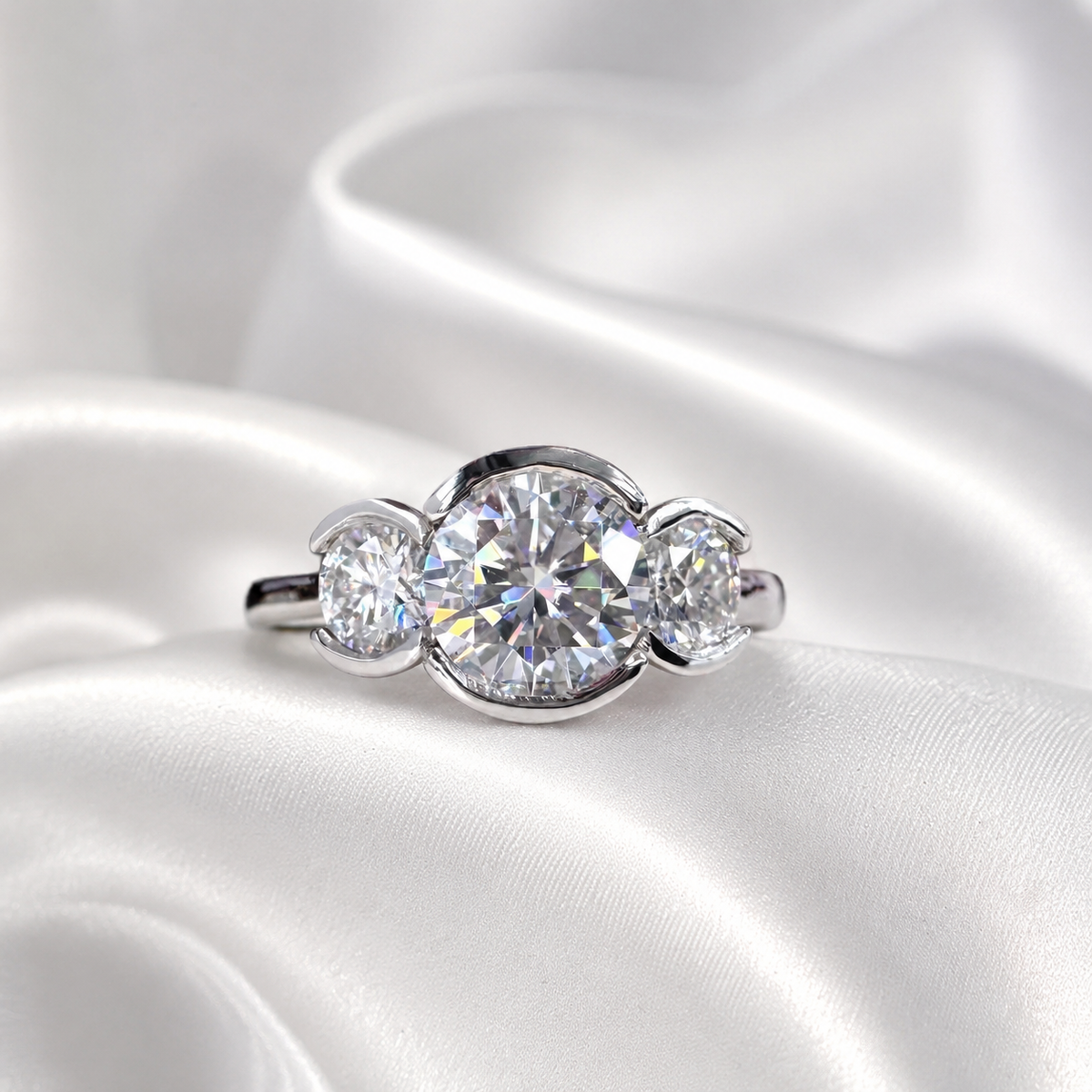 Lab Grown Diamond Engagement Ring Bezel Set , Round Lab Diamond Three Stone Bezel Set Engagement Ring , Trendy Bezel Set Diamond Ring #8814