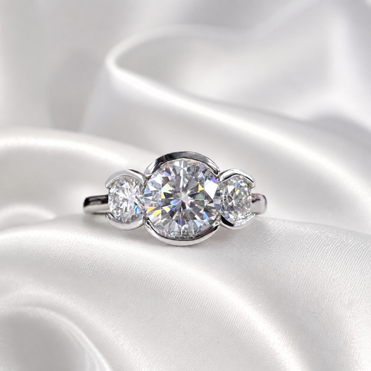 Lab Grown Diamond Engagement Ring Bezel Set , Round Lab Diamond Three Stone Bezel Set Engagement Ring , Trendy Bezel Set Diamond Ring #8814