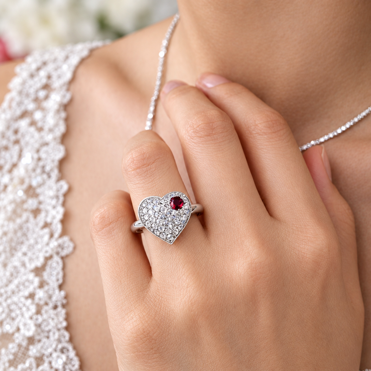 Lab Grown Diamond Heart Ring with Birthstone, Gemstone Accent Heart Ring, Diamond Heart Promise Ring, Romantic Gift for Her #8882