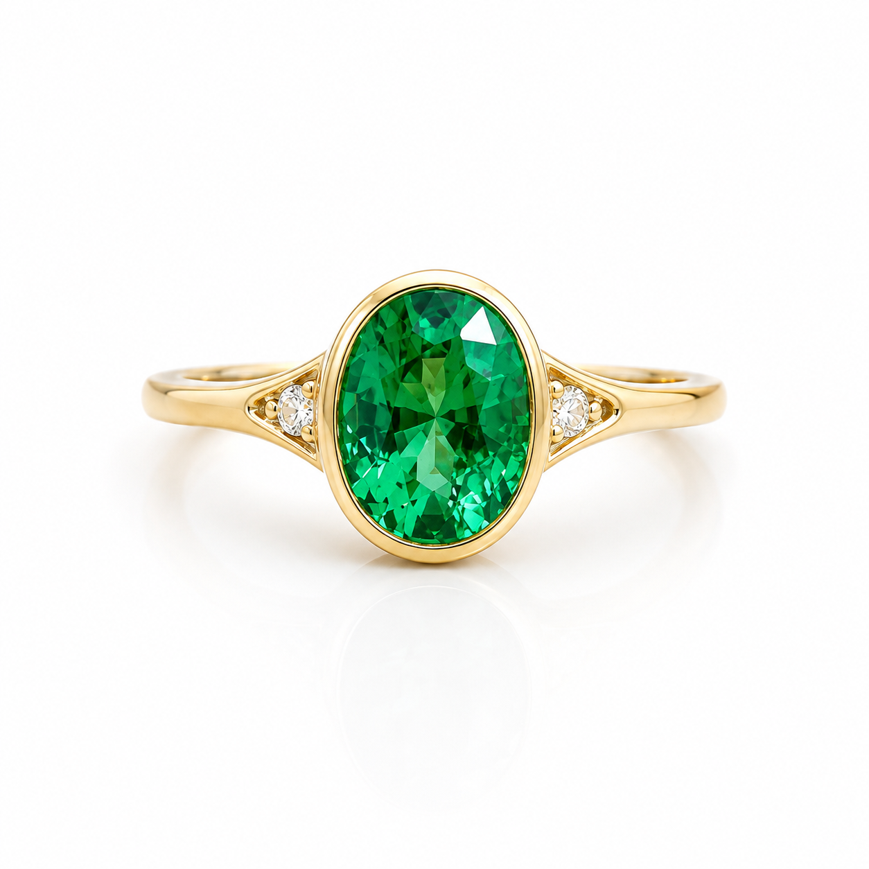 Emerald Ring, 14K Gold Emerald and Diamond Ring, Oval Cut Bezel Setting Emerald Ring, Modern Engagement Ring, May Birthstone Ring #8837