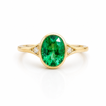 Emerald Ring, 14K Gold Emerald and Diamond Ring, Oval Cut Bezel Setting Emerald Ring, Modern Engagement Ring, May Birthstone Ring #8837
