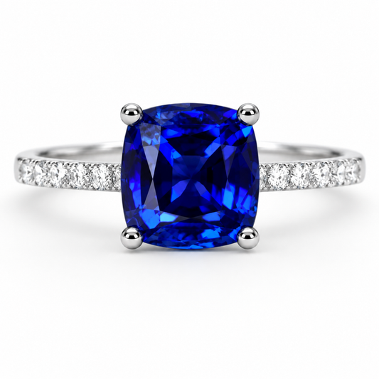 Blue sapphire cushion cut engagement ring, with round diamond accents, 2.65ctw, 14k white gold wedding ring