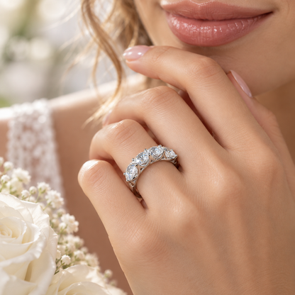Radiant cut moissanite band, five stone square shape wedding ring, 3.75ctw, 14k white gold #6004