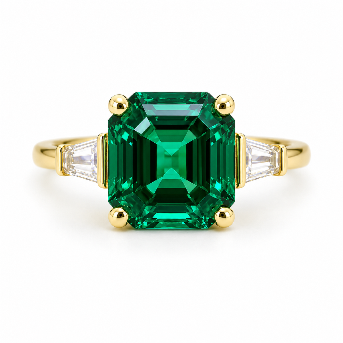 Emerald Engagement Rings Women, Solid White Gold Vintage Three Stone Asscher Cut Emerald Wedding Ring, Unique Gemstone Engagement Ring #6857