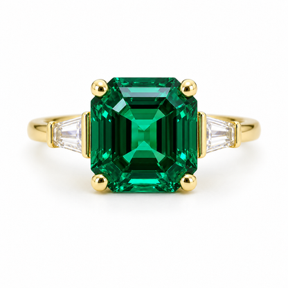 Emerald Engagement Rings Women, Solid White Gold Vintage Three Stone Asscher Cut Emerald Wedding Ring, Unique Gemstone Engagement Ring #6857