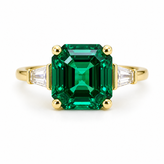 Emerald Engagement Rings Women, Solid White Gold Vintage Three Stone Asscher Cut Emerald Wedding Ring, Unique Gemstone Engagement Ring #6857