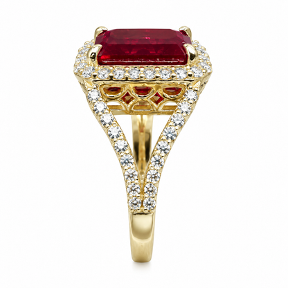 Emerald Cut Ruby and Moissanite Engagement Ring 14K Yellow Gold Unique Vintage Style Emerald Cut Halo Engagement Rings Heavy Gold Ring #7481