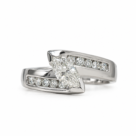 Marquis Diamond Engagement Ring 14K White Gold  Real Diamond Engagement Ring Marquis Cut , Bezel Set Diamond Promise Anniversary Ring  #3415
