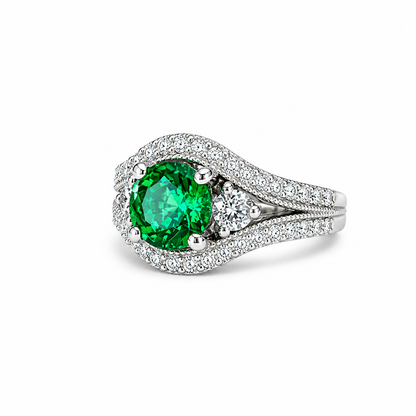 Round Emerald Engagement Ring 14K Solid Gold , Three Stone Emerald and Lab Diamond Ring #8643