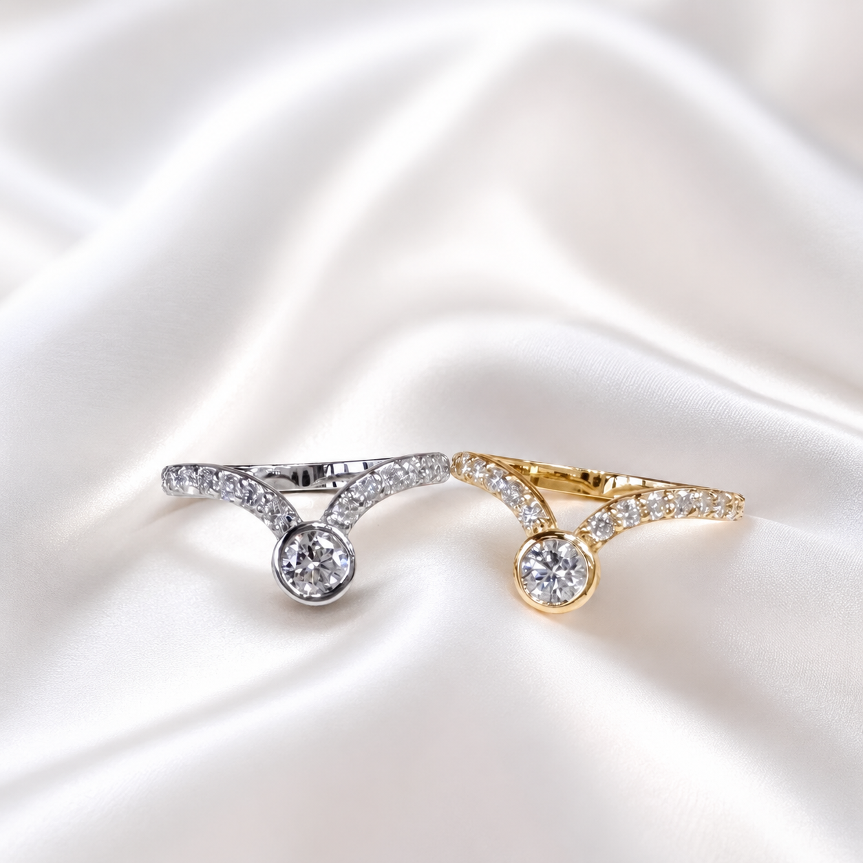 Lab Grown Diamond Chevron Ring: 14K Gold Bezel Stacking Ring , Curved Matching Wedding Band , V shape Diamond Band , Pinky Ring , #8817
