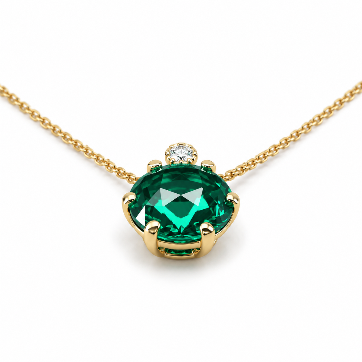 Round Emerald and Diamond Pendant Necklace 14k Solid Gold, Dainty Layering Minimalist Emerald Green Stacking Pendant Necklace May Birthstone
