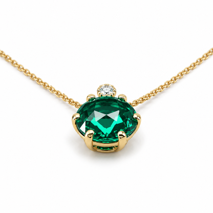 Round Emerald and Diamond Pendant Necklace 14k Solid Gold, Dainty Layering Minimalist Emerald Green Stacking Pendant Necklace May Birthstone