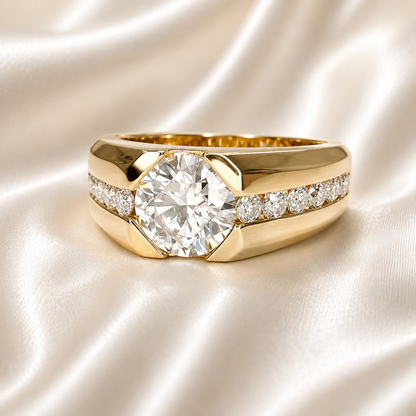 Lab grown diamond mens ring 14k solid gold, half bezel mens diamond ring, Fathers day gift, mens pinky ring, real diamond ring mans