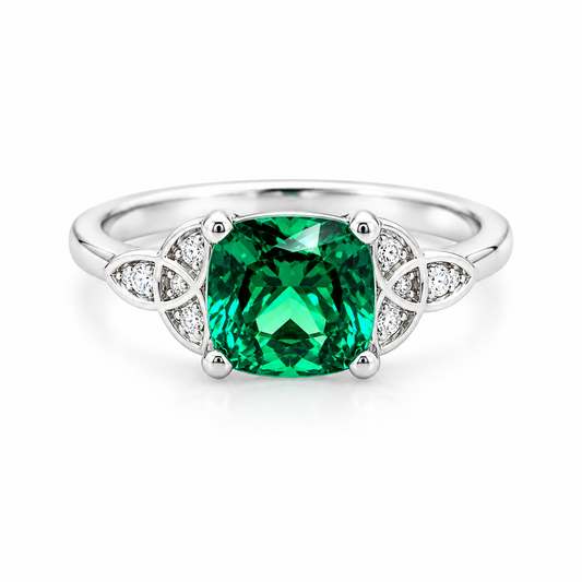 Cushion Cut Emerald Engagement Ring 14K Yellow Gold Green Emerald  Celtic Engagement Rings Moissanite Celtic Gold Wedding Promise Ring #7297