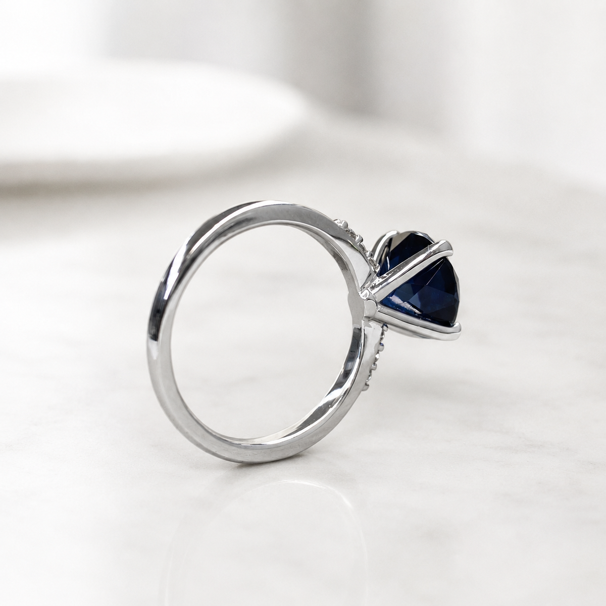 Round Blue Sapphire Engagement Ring 14k White Gold, Three Stone Blue Sapphire Engagement Rings , Blue Sapphire Promise Anniversary Ring 7259