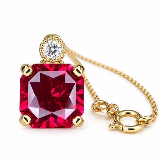 Ruby pendant necklace 14k yellow gold, Radiant cut ruby and diamond necklace pendant, July birthstone jewelry, Dainty Stacking Necklace 7761