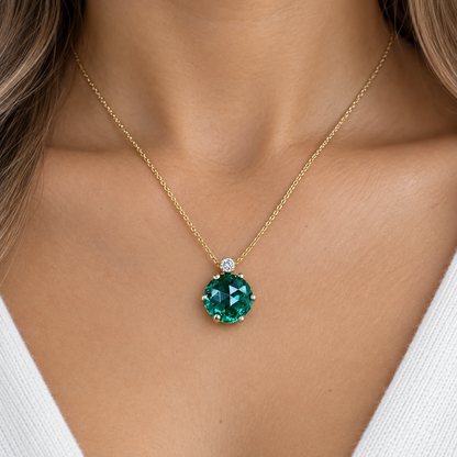 Round Emerald and Diamond Pendant Necklace 14k Solid Gold, Dainty Layering Minimalist Emerald Green Stacking Pendant Necklace May Birthstone