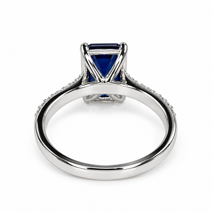 Emerald Cut Blue Sapphire Engagement Ring 14K White Gold,  September Birthstone Ring For Ladies,  Blue Sapphire and Moissanite Ring,   #6373