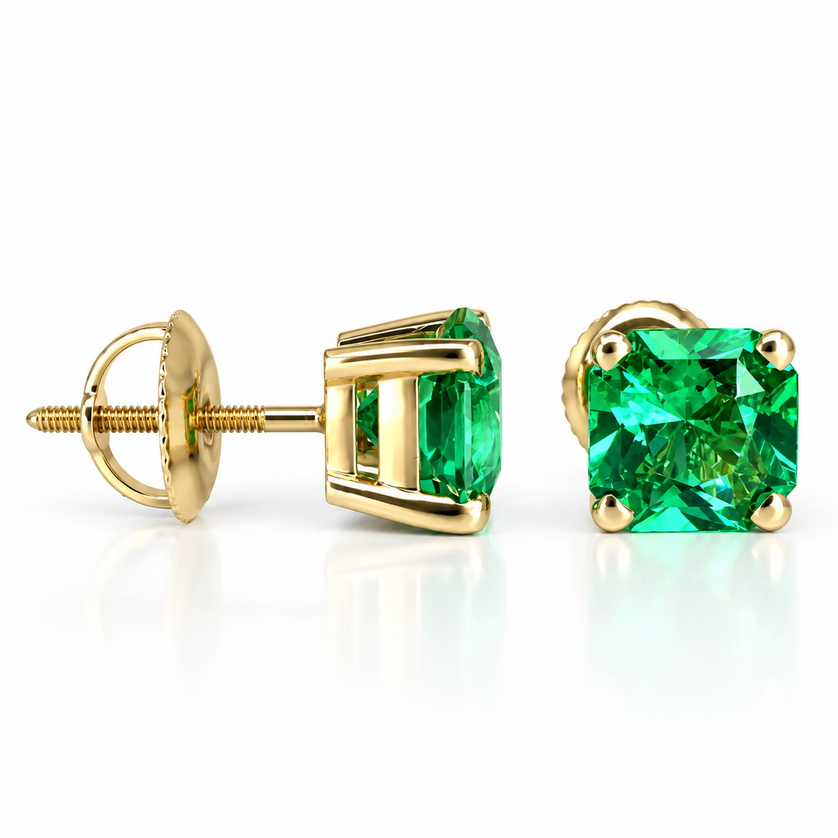 Radiant Cut Stud Earrings / Green Emerald Earrings / Screw Backs / 2.00ctw / 14k Yellow Gold / #6326
