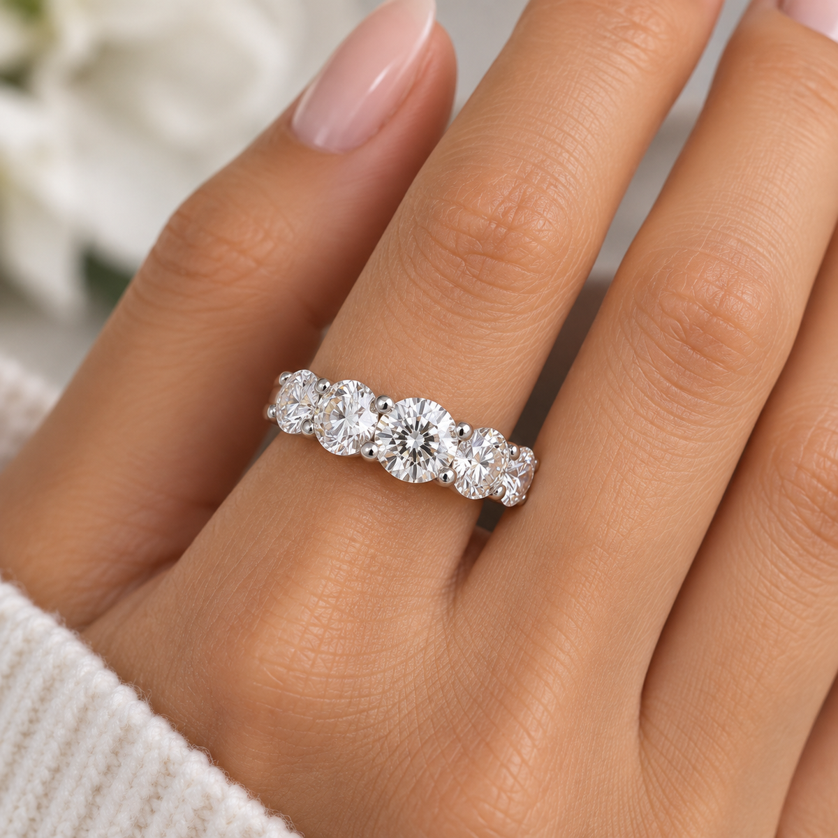 Round 5 Stone Moissanite band 14k white gold, Stacking moissanite wedding band Half eternity moissanite band ring gold matching bands  #7906