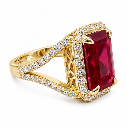 Emerald Cut Ruby and Moissanite Engagement Ring 14K Yellow Gold Unique Vintage Style Emerald Cut Halo Engagement Rings Heavy Gold Ring #7481