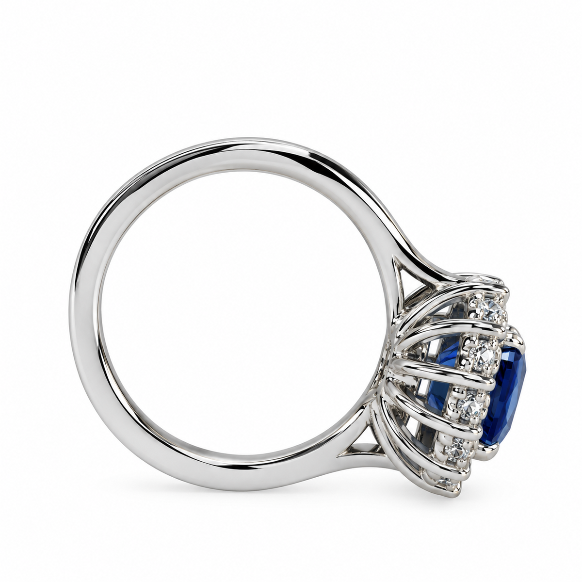 Blue Sapphire Cushion Cut And Diamond Halo Engagement Ring, 14k White Gold Blue Sapphire And Moissanite Halo Ladies Wedding Ring