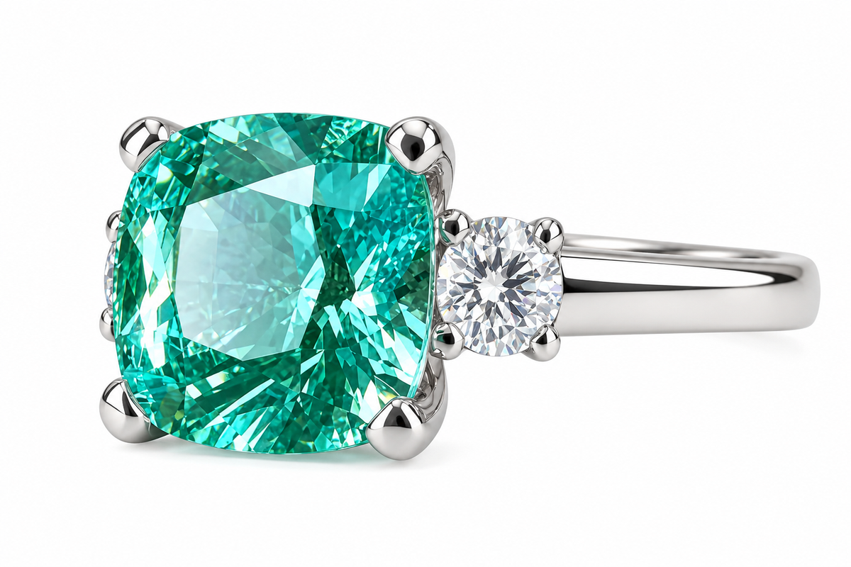 Paraiba Tourmaline Ring, Three Stone Engagement Ring, 14K White Gold, Cushion Cut Paraiba Ladies Ring, Paraiba And Moissanite Ring, #6869