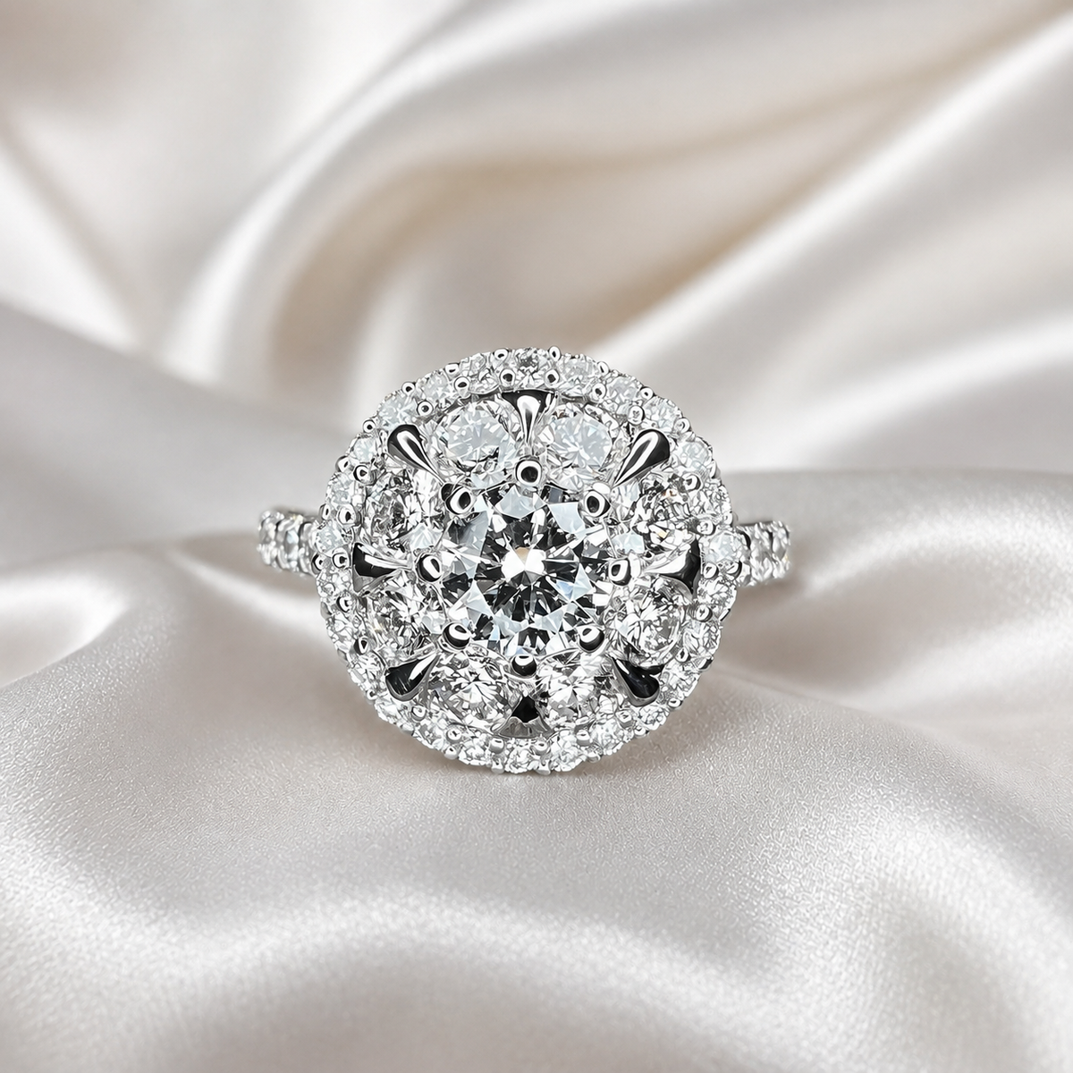 Lab grown diamond ring 14K  white gold, Round cut lab grown diamond engagement ring 14k, Lab grown diamond ring with halo Unique ring