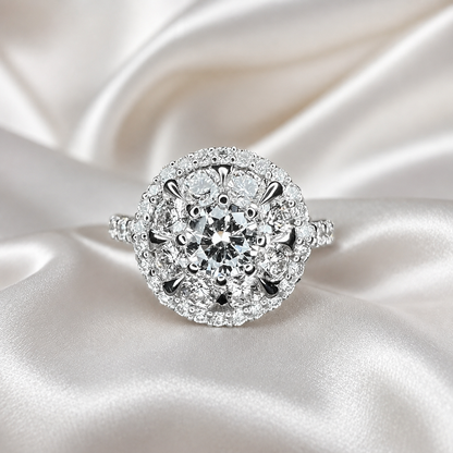 Lab grown diamond ring 14K  white gold, Round cut lab grown diamond engagement ring 14k, Lab grown diamond ring with halo Unique ring