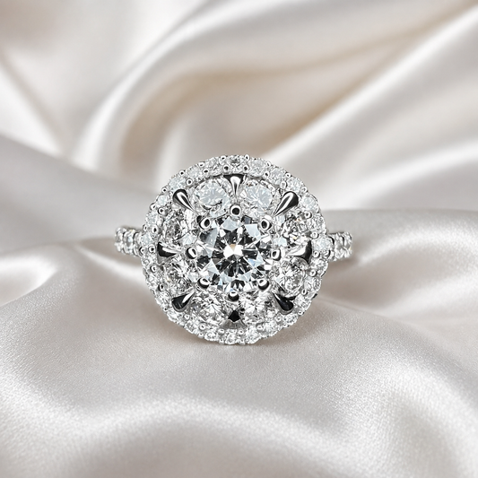 Lab grown diamond ring 14K  white gold, Round cut lab grown diamond engagement ring 14k, Lab grown diamond ring with halo Unique ring