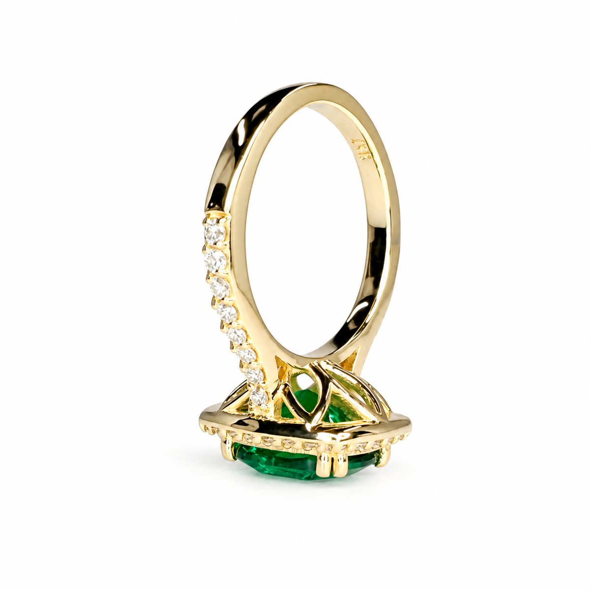 Elongated Cushion Cut Emerald Ring, Diamond Halo Engagement Ring, Green Emerald Engagement Ring, 3.90ctw, 14k Yellow Gold  #6057
