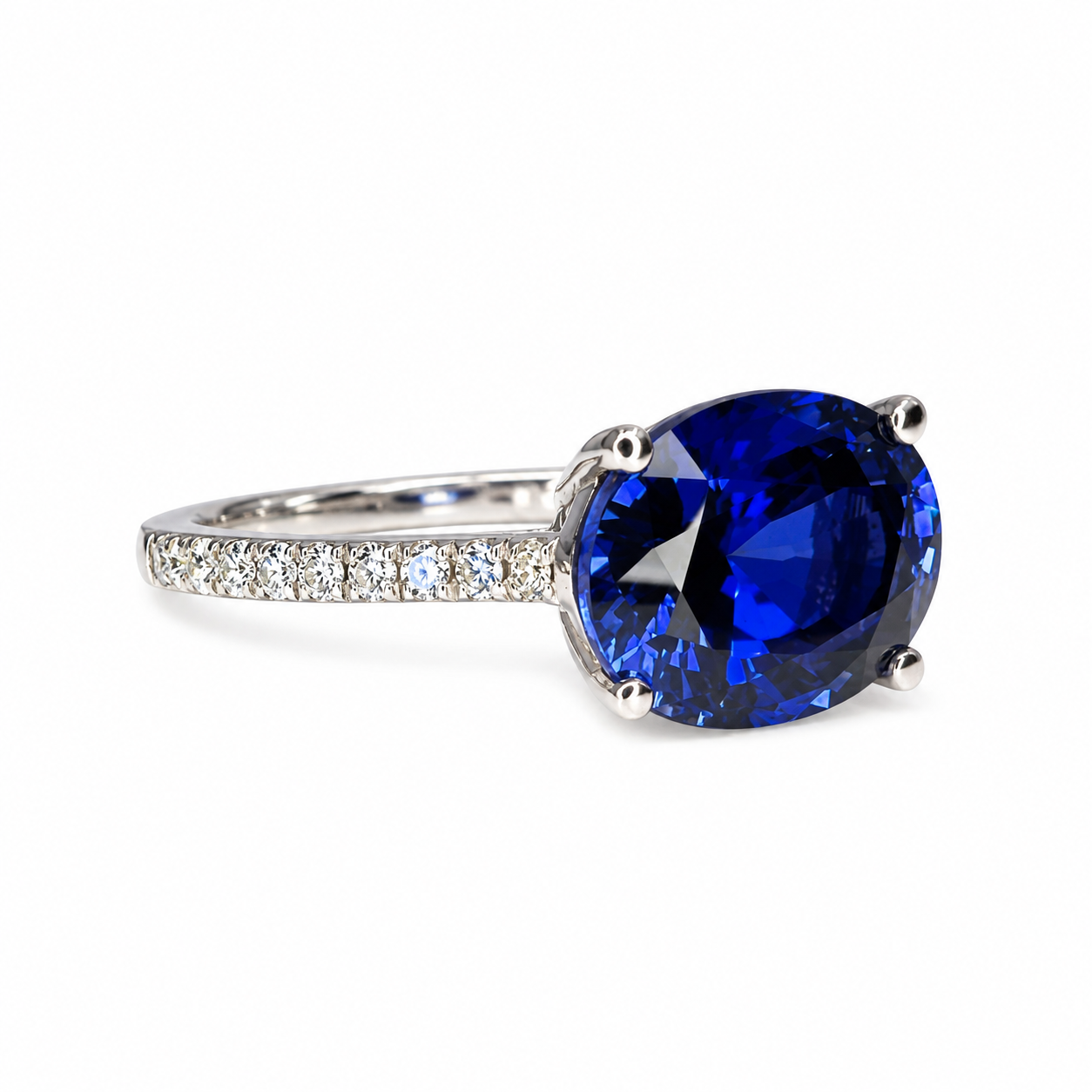Oval  Blue Sapphire And Genuine Diamond Ring Set Horizontal In 14k White Gold #5777