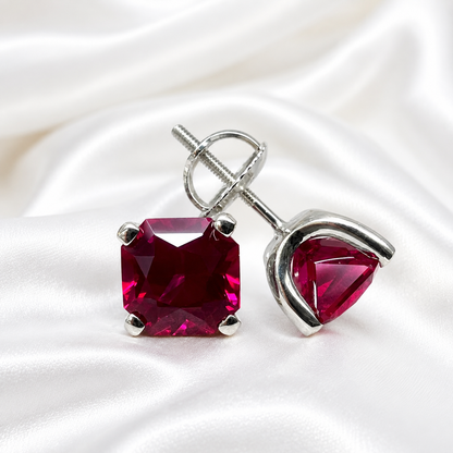 Radiant Cut Studs, 3.50CTW Blood Red Ruby Earring, Dainty Jewelry, 14k Yellow Gold, #6181