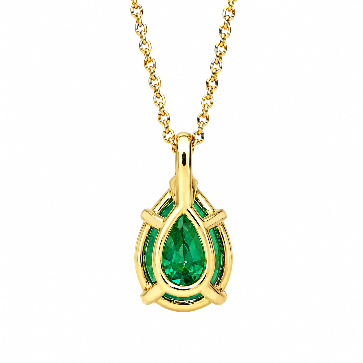 Pear Shape Emerald Pendant 10K Yellow Gold Necklace, Pear Shape Green Emerald Necklace For Ladies, Layering May Birthstone Jewelery, #8848