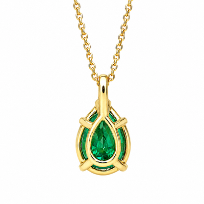 Pear Shape Emerald Pendant 10K Yellow Gold Necklace, Pear Shape Green Emerald Necklace For Ladies, Layering May Birthstone Jewelery, #8848