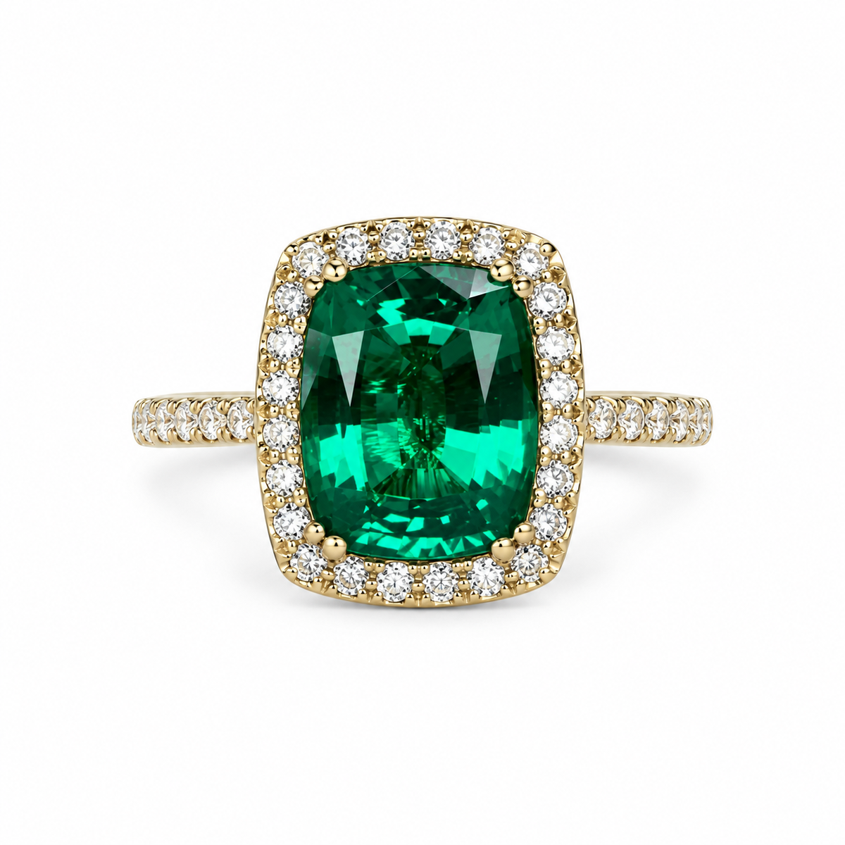 Elongated Cushion Cut Emerald Ring, Diamond Halo Engagement Ring, Green Emerald Engagement Ring, 3.90ctw, 14k Yellow Gold  #6057