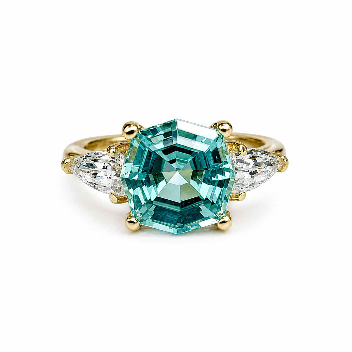 Octagon Neon Blue Paraiba Ring, Web Cut Engagement Ring, Sapphire Bullet Shape Ring, 14k Yellow Gold, #6258