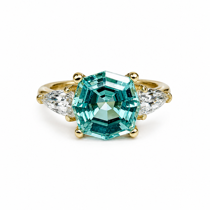 Octagon Neon Blue Paraiba Ring, Web Cut Engagement Ring, Sapphire Bullet Shape Ring, 14k Yellow Gold, #6258